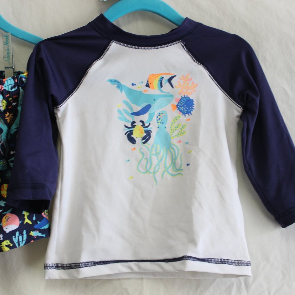 Set 💙 Cat & Jack Tropical Rash Guard Swim Shorts 12M Sunglasses - Picture 5 of 12